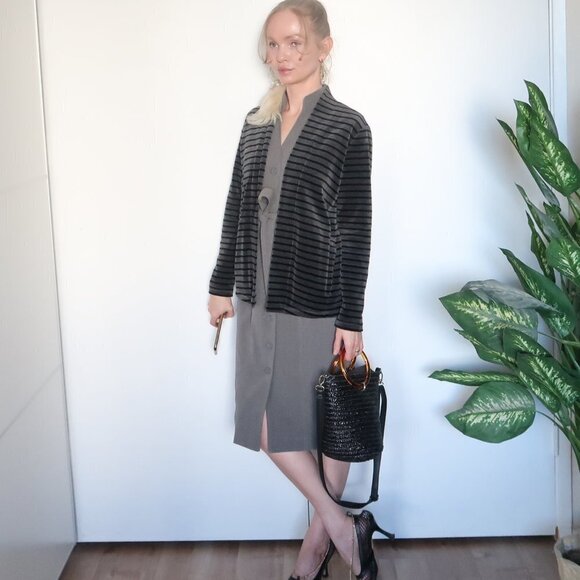 Talbots Grey & Black Striped Open Front Velvet Cardigan - Picture 4 of 16